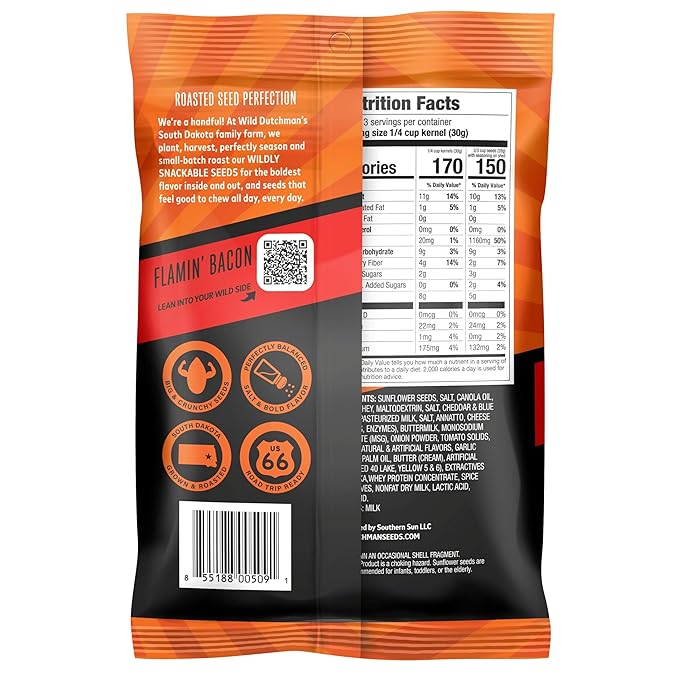 Wild Dutchman, Roasted Sunflower Seeds, Mouth Friendly Recipe for All Day Snacking, Flamin Bacon, 5.5 oz (Pack of 12)