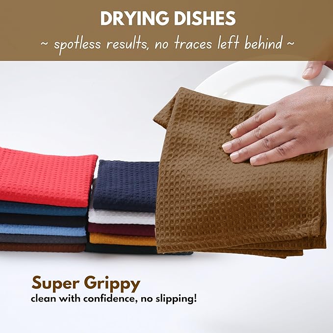 Native Fab Waffle 12 Pack Dish Cloths - 100% Cotton, Absorbent, Quick Drying, Washable Towels for Cleaning, Cooking & Baking - Ideal for Home, Restaurants, Bars, BBQs - 12 x 12 inches - Brown