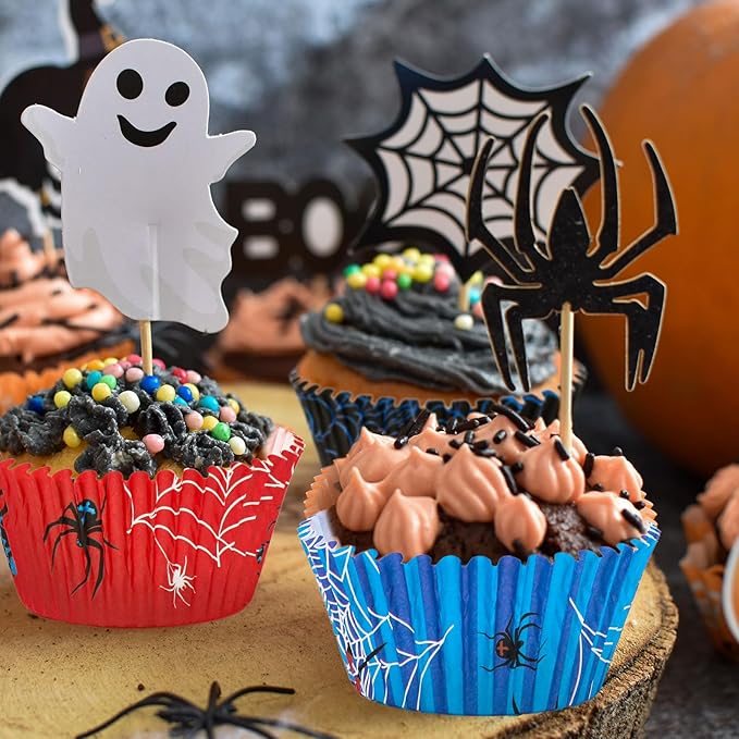 600 Pcs Spider Paper Baking Cups Spider Web Cupcake Liners Red Blue Muffin Liner Cake Paper Cups Storage Container for Birthday Party DIY Crafts Supplies, 2 x 1.2 Inch