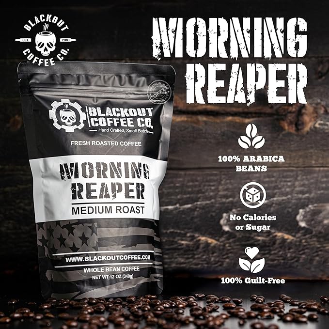 Blackout Coffee Morning Reaper Whole Bean Coffee ??Medium Roast, Bold & Smooth Flavor, Non-Bitter ??Freshly Roasted 12oz Bag, American Made