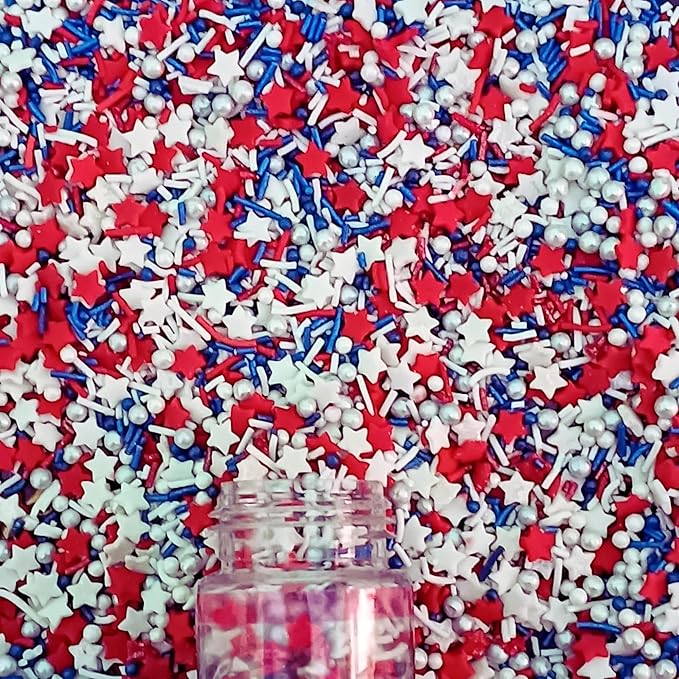 Confect Cake Mate Edible Sprinkles ??Red, White, Navy blue & Silver Star, Pearl Dragees ??Vegan Cake and Cupcake Decorating Toppings for Cookies & Ice Cream | Vegan, Gluten-Free, Soy-Free, Dairy-Free, Palm Oil-Free- 4.2 Oz