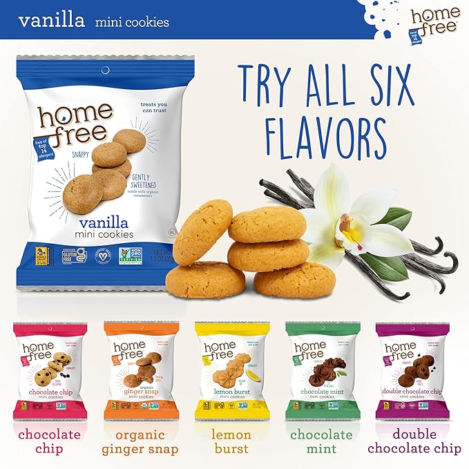 Homefree Treats You Can Trust Gluten Free Mini Cookies, Single Serve, Vanilla, 70% organic, 1.1 Ounce (Pack of 10)