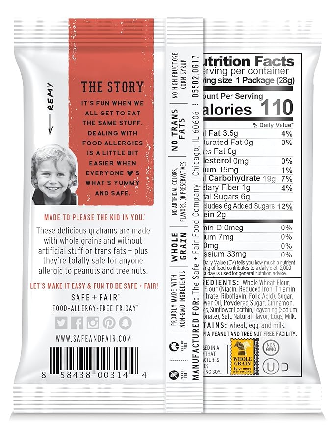 The Safe + Fair Food Company Remy's Grahams – Nut Free Graham Crackers – Non GMO, Whole Grain, Clean Label Snacks - Cinnamon, 36 Count