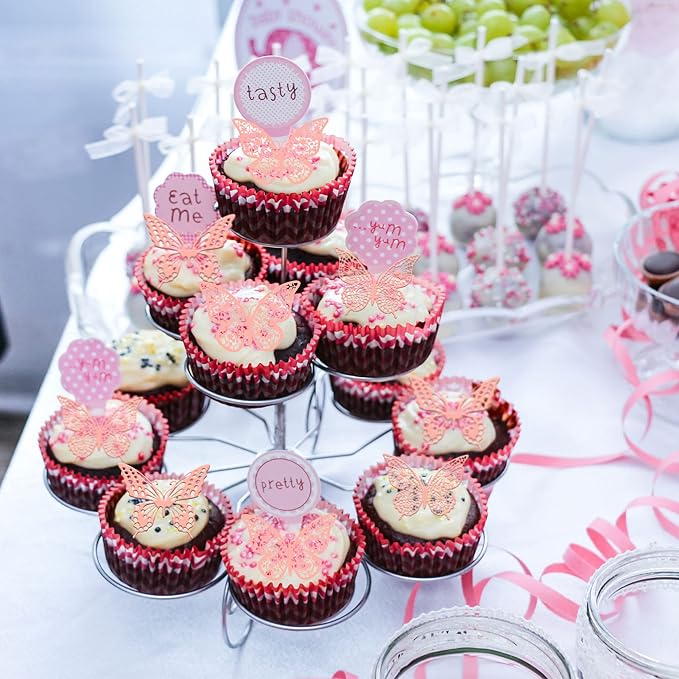 Gyufise 36 Pack Pink Glitter 3D Cupcake Toppers - Hollow Butterfly Cake Decorations for Birthday Wedding Fairy Party - Wall Sticker Decal for Background Wall Decoration