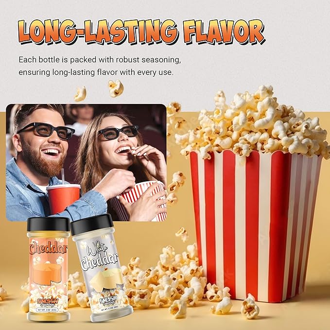 White Cheddar & Orange Cheddar Popcorn Seasoning Shaker ??2 Pack Bold Double Cheese Snack Blend ??Gourmet Sprinkle for Popcorn, Chips, Fries, Pasta, Vegetables, Baked Potatoes, Snacks, Party Bowls