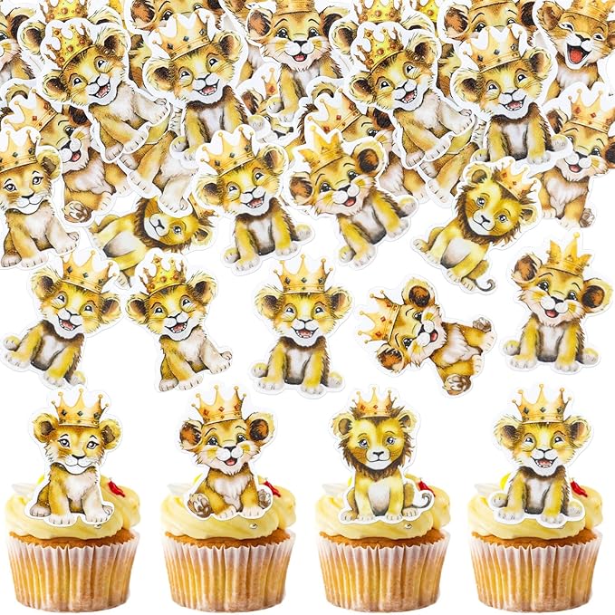40Pcs Edible Lion Cupcake Toppers Wafer Paper Safari Animal Theme Cake Toppers Decoration for Lion Drink Topper Baby Shower Birthday Animal Theme Party Cake Decorations Supplies