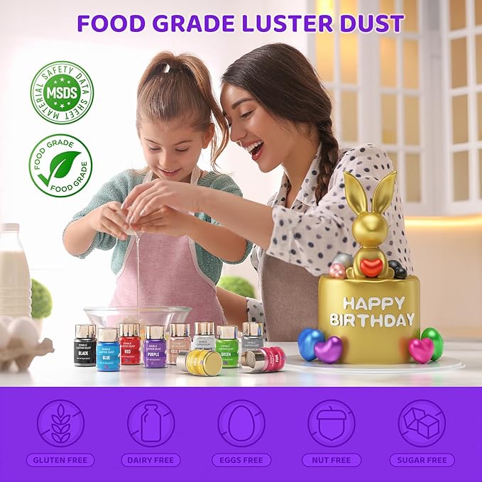 Luster Dust Edible - 15 Grams Food Grade Cake Dust Shimmer Powdered, Cherrysea Powder Luster Dust Food Coloring for Cocktails, Christmas Cookie Decorations, Cake, Drinks, Fondant, Candy - 15g/Bottle (6-Purple)