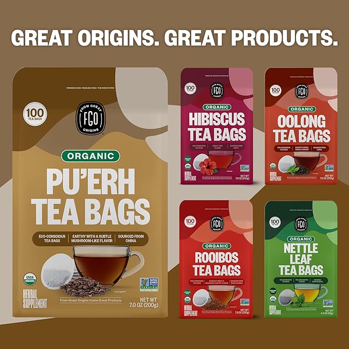 FGO Organic Pu'erh Tea, 100 Count, Eco-Conscious Tea Bags, Resealable Bag, Packaging May Vary (Pack of 1)