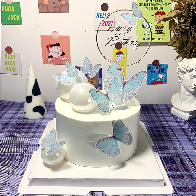 11-Piece Turquoise Butterfly Cake Toppers Set: Happy Birthday Metal Gold Cake Toppers & Decorations
