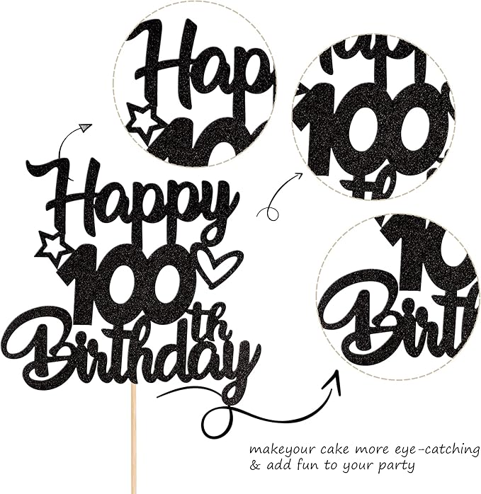 1 Pack Happy 100th Birthday Cake Topper - Glitter Heart Star 100 Fabulous Cake Pick Sign Decorations for Theme Party Supplies - Black