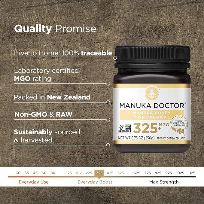 MANUKA DOCTOR - MGO 325+ Manuka Honey Monofloral, 100% Pure New Zealand Honey. Certified. Guaranteed. RAW. Non-GMO (8.75 oz)