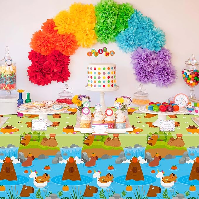 Capybara Party Tablecloths - 3Pcs Capybara Birthday Party Table Cover Decorations, Cute Animals Themed Rectangular Plastic Disposable Table Cloth for Kids Birthday Baby Shower Animals Theme Events
