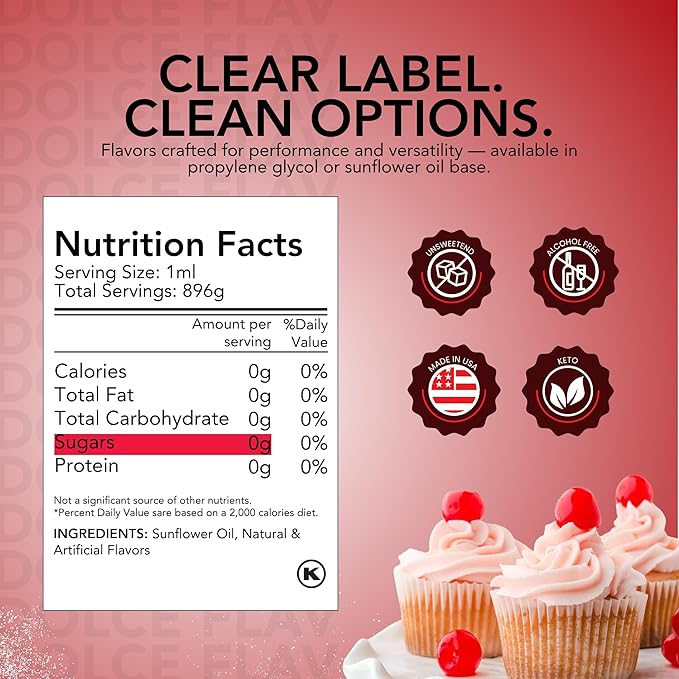 Dolce Flav Cherry Flavoring ??32 oz. ??Premium Oil-Based Extract for Chocolates, Frostings, Baked Goods & Confections | Classic Sweet Flavor for Bakeries & Candy Shops
