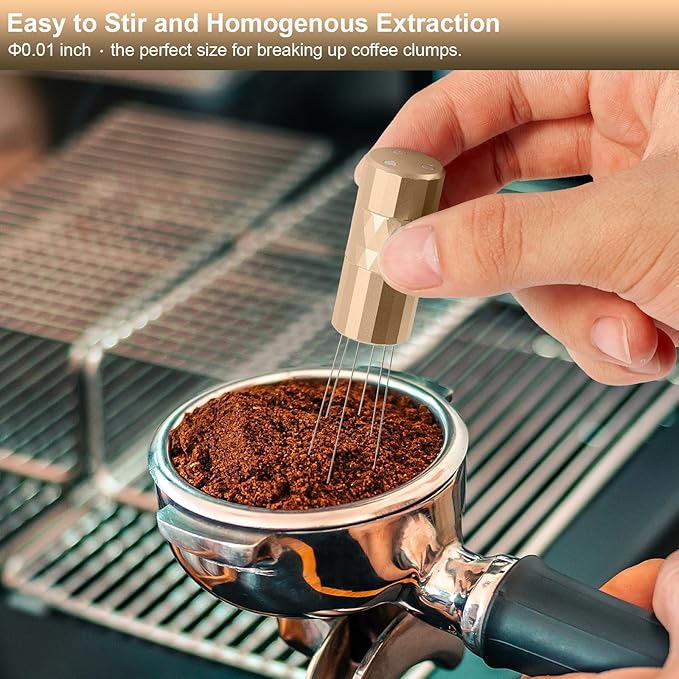 WDT Tool Espresso Distribution Tool, Coffee Distribution Tool with Magnetic Stand, Espresso Accessories with 6 Extra ??.25mm Stainless Steel Needles for Barista (Rich Gold, ??.25mm)