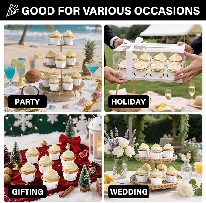 EUSOAR Cupcake Cups, 200pcs 3.5oz Mini Cheesecakes Holders Disposable Ramekins, Muffin Cupcake Liners Aluminum Foil Wrappers Paper Liner Cups for Birthday Wedding Party Festival-White/Gold