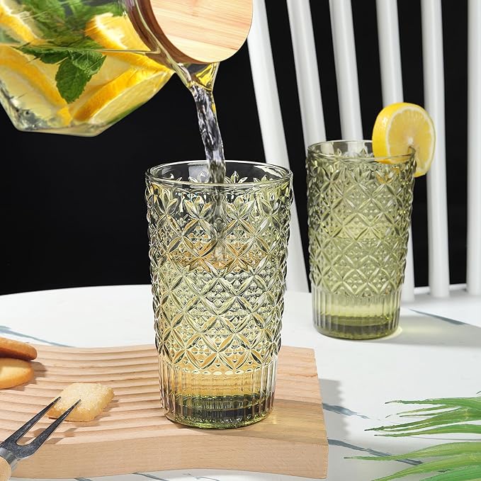 Joeyan Green Vintage Drinking Glasses,Embossed Water Glass Cups,Colored Highball Glass Tumblers,Decorative Elegant Glassware Cups for Beverages Juice Cocktail Beer,14 oz,Set of 4,Dishwasher Safe