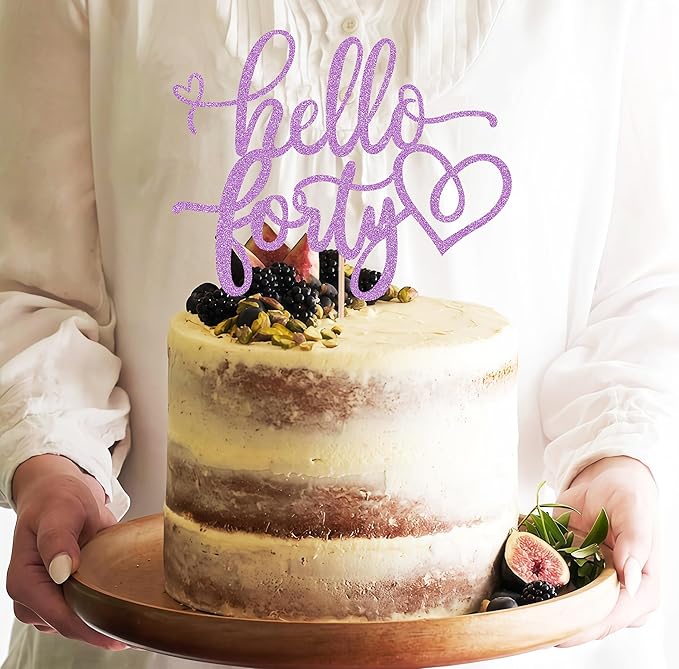 Hello Forty Cake Topper - Light Purple Glitter 40th Birthday Cake Decorating Supplies for Women, Hello 40 Cake Decor for 40th Birthday/Anniversary Party Photo Booth Props