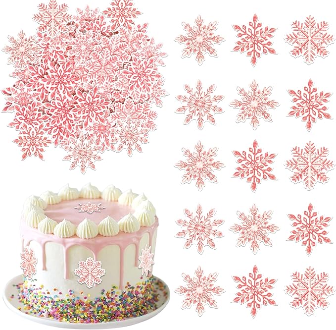 60 PCS Edible Snowflake Cupcake Toppers Wafer Paper Frozen Cupcake Topper Edible Snowflake Cupcake Picks Decoration for Winter Wonderland Christmas Birthday Party Cake Decorations Supplies White Pink
