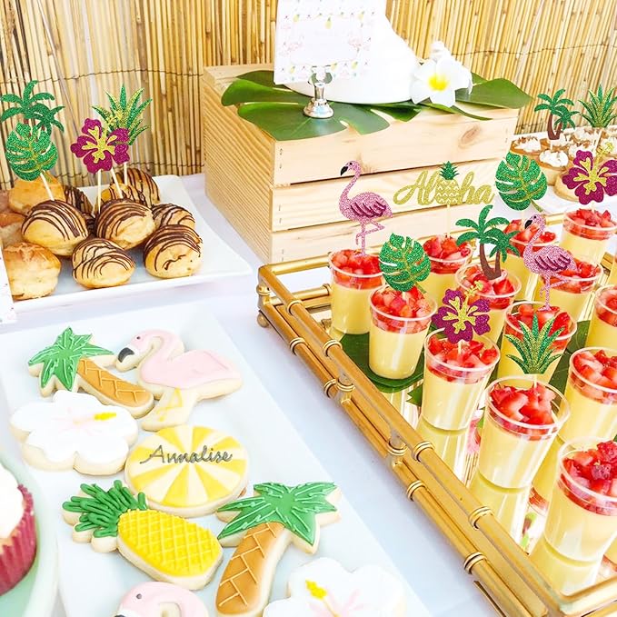 24Pcs Tropical Cupcake Toppers, Luau Cake Topper Aloha Cupcake Picks Pineapple Flamingo Cupcake Decorations for Hawaiian Luau Theme Baby Shower Birthday Party Supplies (Aloha B)