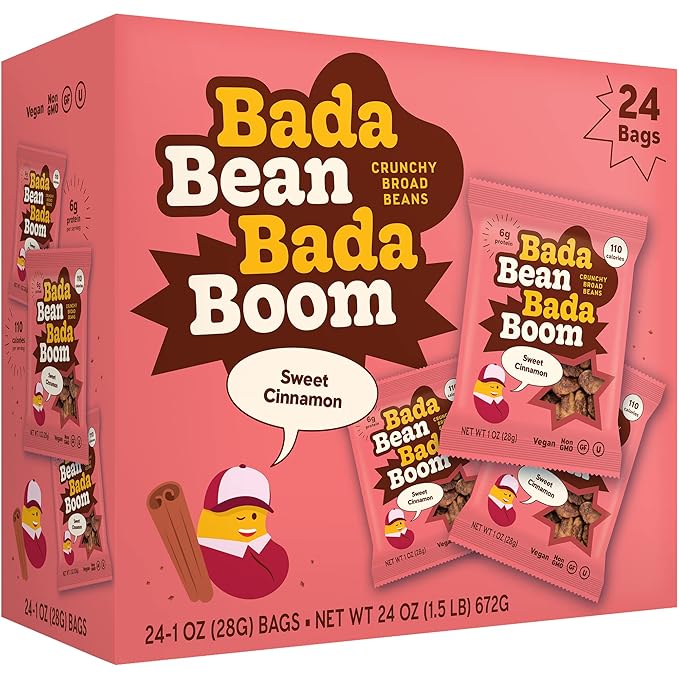Enlightened Bada Bean Bada Boom - Plant-Based Protein, Gluten Free, Vegan, Crunchy Roasted Broad (Fava) Bean Snacks, 100 Calories per Serving, Cinnamon, 1 oz, 24 Pack
