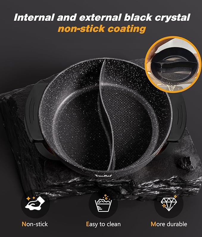 6L Electric Hot Pot with Black Graphene Handles, 1100W Adjustable Temperature Control, Non-Stick Coating, Dual Compartment & Overheat Safe (Simple On/Off Control)