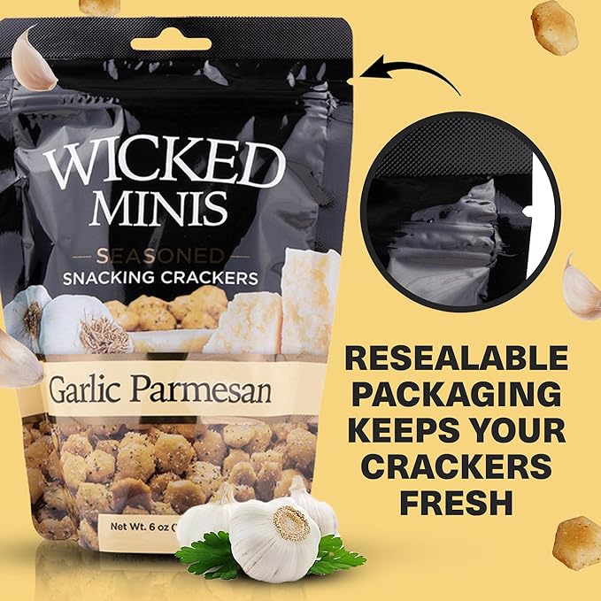 Wicked Minis Soup & Oyster Crackers-Saltine Crackers Salted Flavored Mini Puffed Soup Crackers, Savory Snacking Mix Seasoned Croutons Salad Toppers, Crackers for Chili 6oz(Garlic Parmesan, Pack of 3)