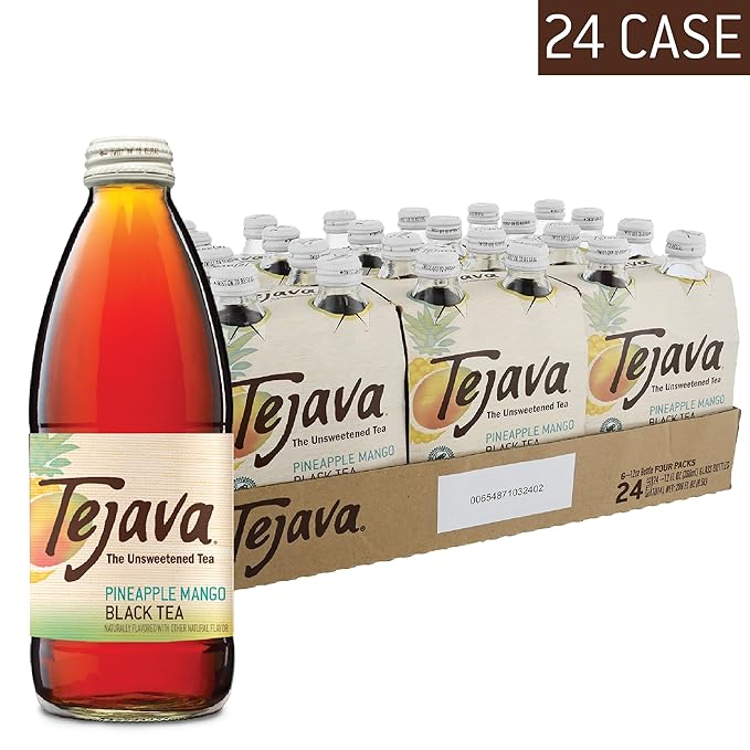 Tejava Pineapple Mango Black Iced Tea, 24 Pack, 12oz Glass Bottles, Unsweetened, Non-GMO, Kosher, No Sugar or Sweeteners, No calories, No Preservatives, Brewed in Small Batches