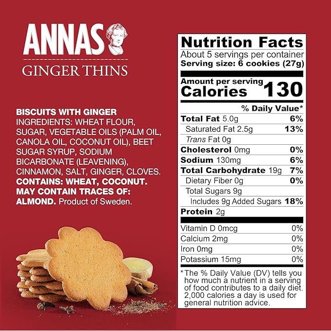 Annas Thins - Ginger Pepparkakor - 5.25 Ounce (Pack of 12) non GMO + Vegan