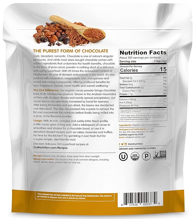 Zint Organic Cacao Powder (32 oz): Paleo-Certified, Organic, Non GMO, Anti Aging Antioxidant Superfood, Gluten Free Cocoa Cacao Beans, Pure Delicious Chocolate Essence, 32 Ounce