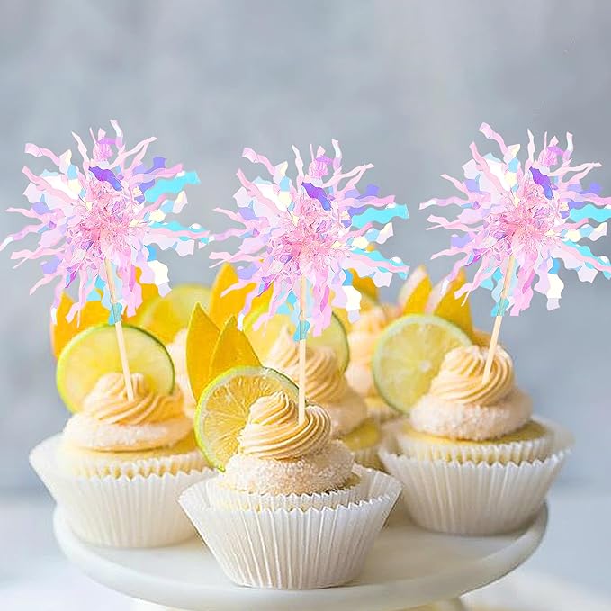 30 PCS Foil Firework Cupcake Toppers Sparkle Tinsel Cupcake Picks Happy Birthday Cake Toppers Drink Stirrers Cocktail Food Fruit Toothpicks for Baby Shower Wedding Party Decorations Supplies Pink