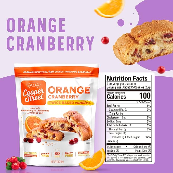 Cooper Street Italian Biscotti Cookies, Orange Cranberry Flavor, 1.25oz, 24 Pack, Peanut & Dairy Free, Satisfying Sweet Tooth Without Guilt
