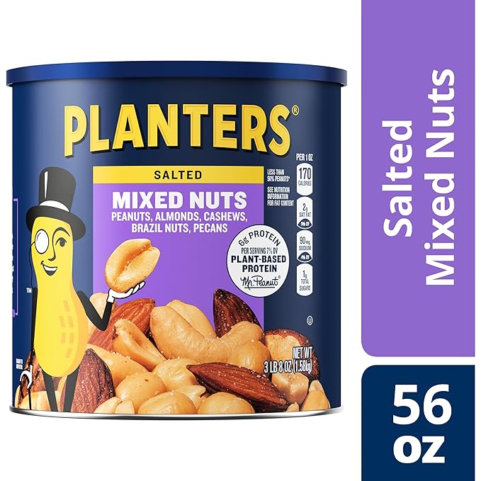 PLANTERS Salted Mixed Nuts, Party Snacks, Plant-Based Protein 56oz (1 Canister) (Pack of 2)