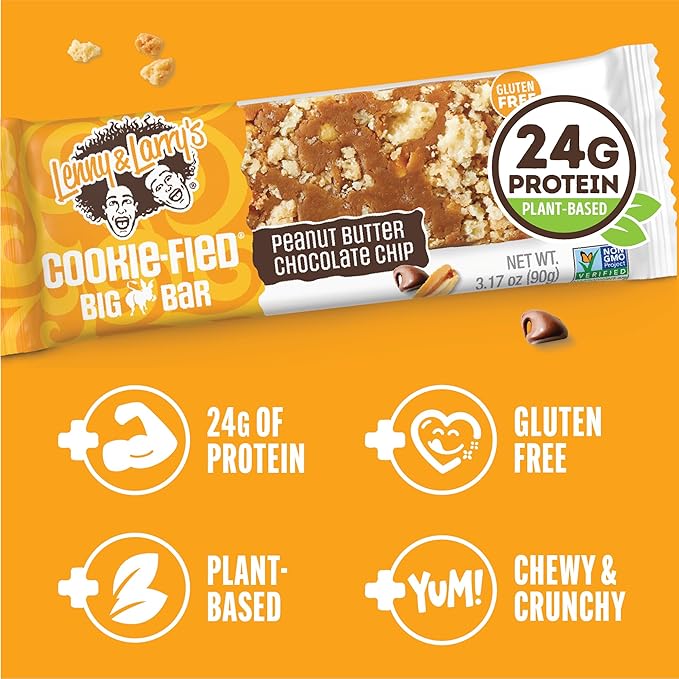Lenny & Larry's Cookie-fied BIG BAR ??Peanut Butter Chocolate Chip Vegan Protein Bars 12x90g ??Healthy Snacks, 24g Plant Protein & 10g Prebiotic Fiber ??Gluten free Power Bar, Keto Friendly & Vegan