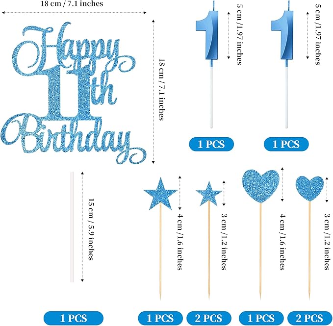 11th Birthday Cake Decorations, 11th Birthday Candles Cake Numeral Candles and Glitter Happy 11th Birthday Cake Toppers Set for Birthday Party Supplies (Blue)