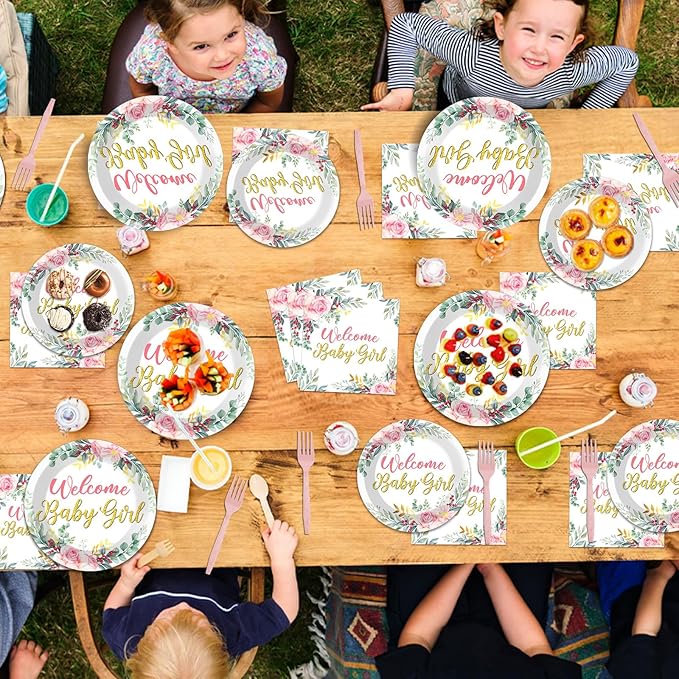 96Pcs Welcome Baby Girl Plates and Napkins Baby Shower Party Decorations Sage Green Pink Dessert Disposable Plates Pink Green Floral Tableware Set for 24 Guests Baby Girls Birthday Party Supplies