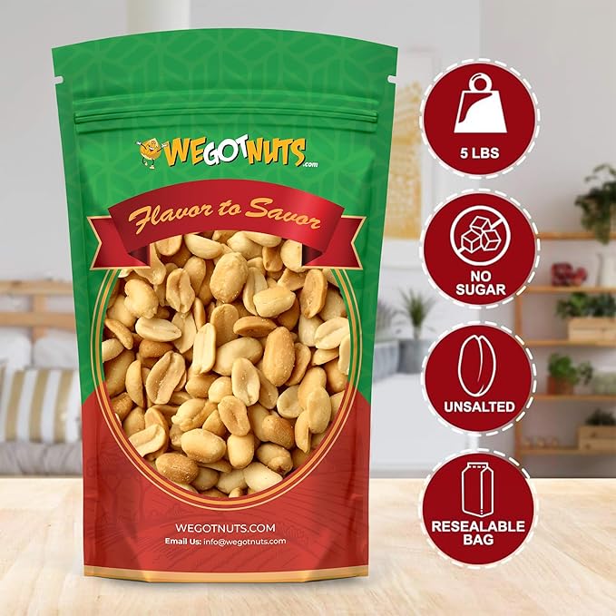Peanuts Dry Roasted Unsalted, Blanched, 5 Pound Bulk Bag - We Got Nuts,