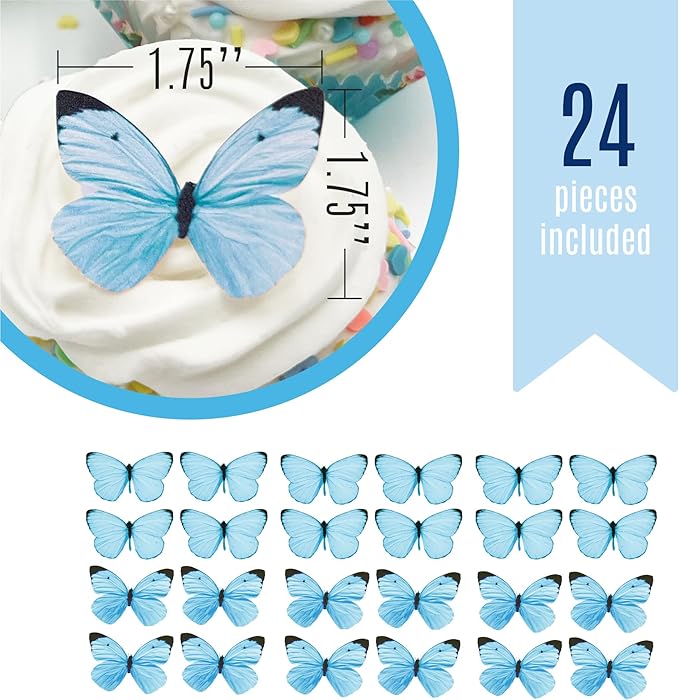 Sugar Robot Edible Butterflies for Cake Decorating - Small Pastel Blue Butterfly Cake Toppers and Cupcake Toppers - Decoration Made in the USA - Premium Crafted (Blue)