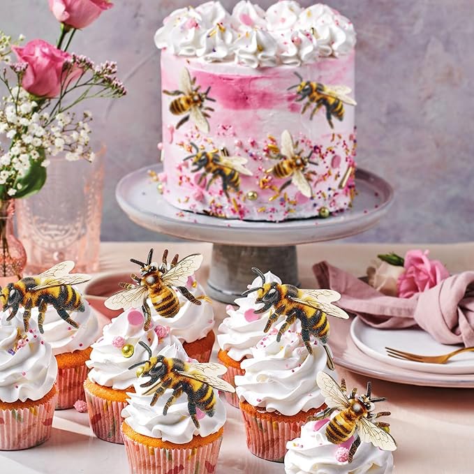 40 PCS Edible Bumble bee Cupcake Toppers Wafer Paper Bumble Bee Party Drink Topper Decorations for Kids Girls Birthday Baby Shower Honey Bee Themed Party Supplies