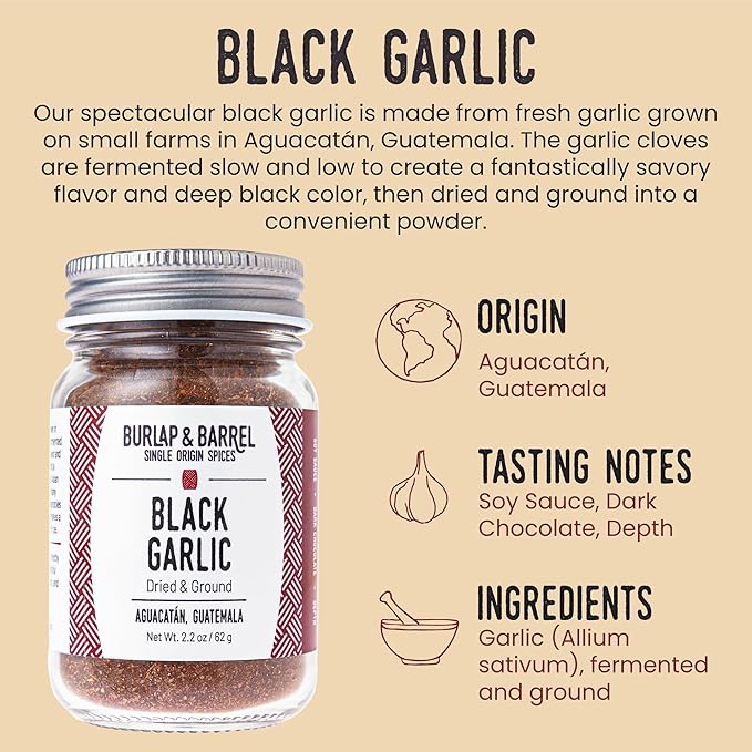 Burlap & Barrel Black Garlic Powder ??Rich, Savory Flavor ??Perfect for Roasted Proteins & Vegetables ??Black Garlic Seasoning ??As Seen On Shark Tank - 2.2oz Jar