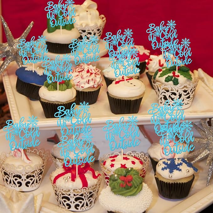 30 PCS Baby It's Cold Outside Snowflake Cupcake Toppers Glitter Winter Frozen Theme Cupcake Picks for Winter Wonderland Shower Birthday Party Cake Decorations Supplies Blue