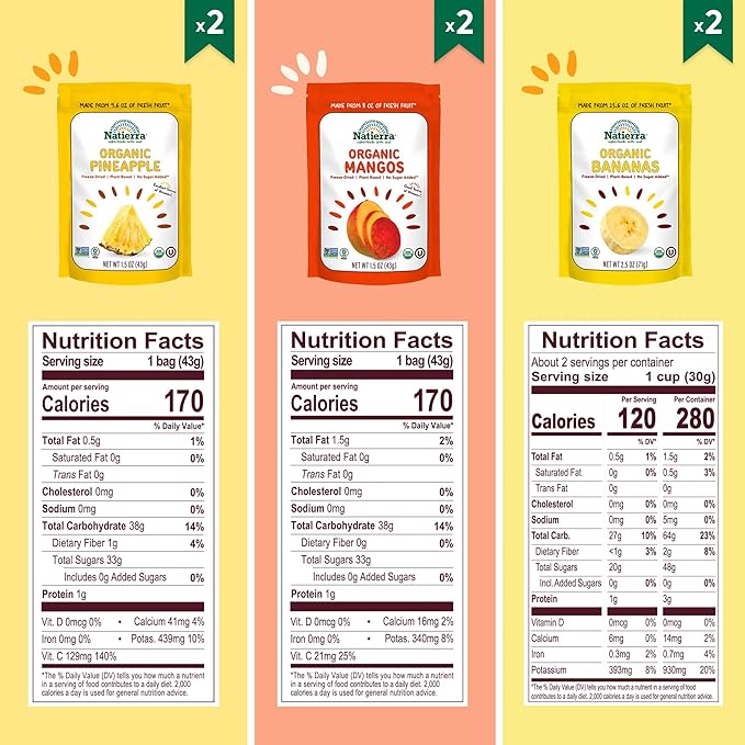 NATIERRA Organic Freeze-Dried Pineapples, Bananas & Mangos | USDA Organic, Non-GMO & Vegan, Gluten Free, No Additives, No Sugar Added | Variety Pack (Pack of 6)