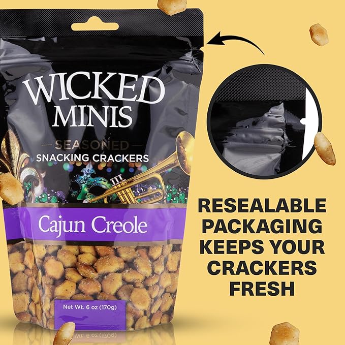 Wicked Minis Soup & Oyster Crackers - Saltine & Salted Flavored Mini Puffed Soup, Savory Snacking Mix, Seasoned Croutons Salad Toppers, Crackers for Chili 6oz (Cajun Creole, Pack of 3)