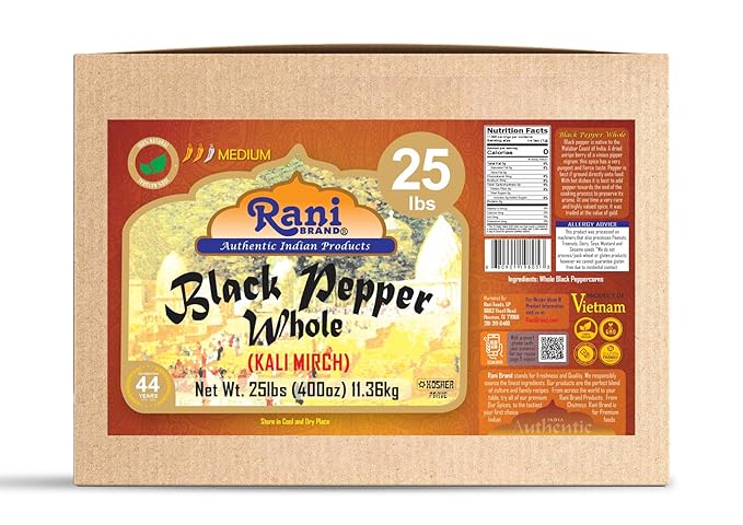 Rani Black Pepper Whole (Peppercorns), Premium MG-1 Grade 400oz (25lbs) 11.36kg Bulk Box ~ All Natural | Gluten Friendly | Non-GMO | Kosher | Product of Vietnam | Perfect size for Grinders!
