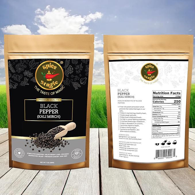 Spice Magic Black Tellicherry Peppercorns - Premium Quality, Fresh & Bold Flavor, Non-GMO, Perfect for Grinders & Cooking Indian Origin 7oz (200g)