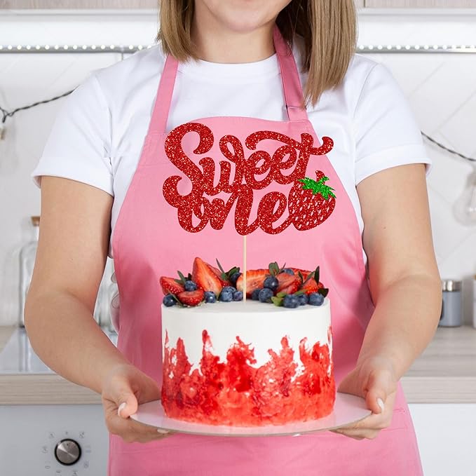 1 Pack Sweet One Cupcake Topper Glitter First Birthday Strawberry Cake Pick for Fruit Baby Shower 1st Birthday Berry Sweet Cake Decorations For Birthday Party Supplies Red