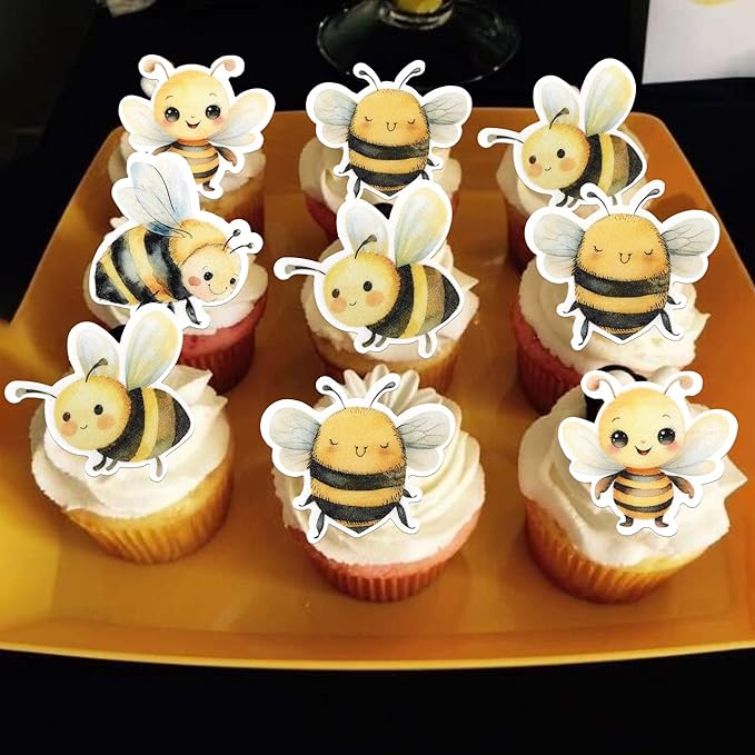 60 Pack Edible Bumble Bee Cake Topper Oh Babee Cupcake Picks Water Bumble Cake Decorations for Christmas Boy or Girl Baby Shower Kids Birthday Party Supplies