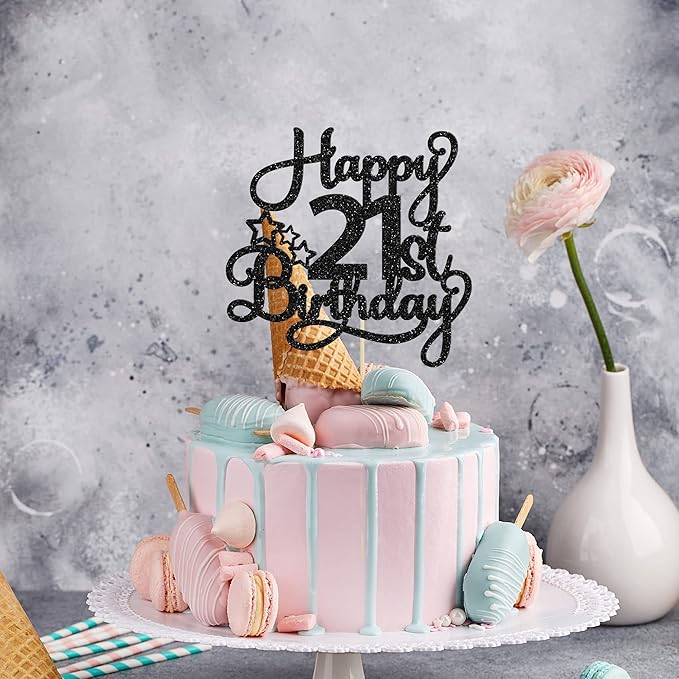 1 Pack Happy 21st Birthday Cake Topper Black Glitter 21 & Fabulous Cheers to 21 Years Old Birthday Cake Pick for Celebrating 21st Birthday Anniversary Party Cake Decorations Supplies