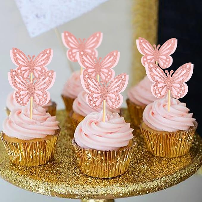 36PCS Butterfly Cupcake Toppers 3D Double Layers Hollow Cupcake Picks Baby Shower Cake Decorations Supplies for Butterfly Theme Wedding Anniversary Kids Birthday Party Light Pink