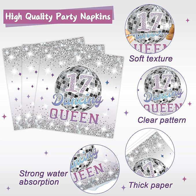 96Pcs Dancing Queen Plates and Napkins for 17 Birthday Party Decorations for Girls Silver 17 Year Old Dessert Plates Dancing Queen Tableware Set for 24 Guests 17 Birthday Party Supplies