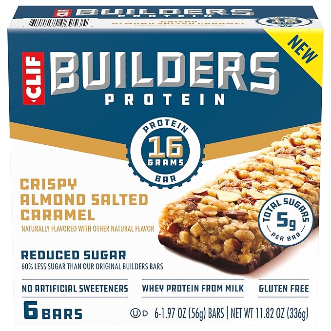 CLIF BUILDERS Protein Bars - Crispy Almond Salted Caramel - Reduced Sugar - Gluten Free - 16g Protein - No Artificial Sweeteners - 1.97 oz. (6 Pack)